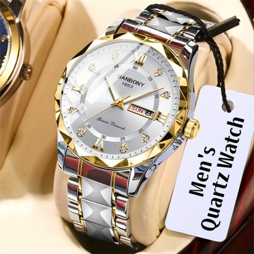 Men’s Quartz Watch with Roman Numerals and Date Display