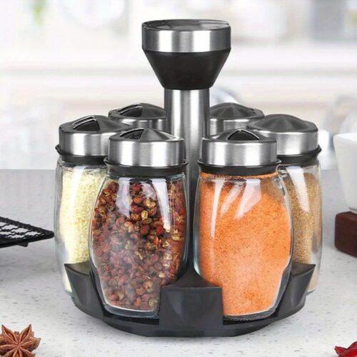 7PCS Spice Jar Set with Rotating Rack and Glass Bottles